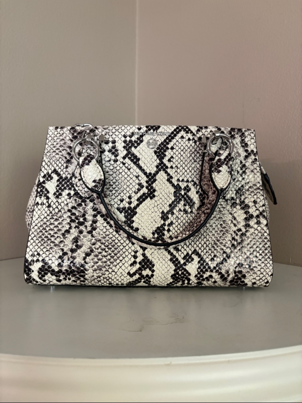 Michael Kors NWOT Snake Python-Print Structured Satchel Handbag in Black & White